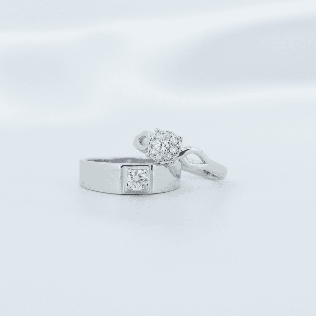 White Gold Cluster & Square Bezel Diamond Couple Rings (ER036) — ER036