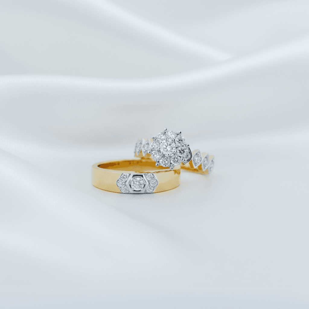 Gold Band & Flower Cluster Diamond Couple Rings — ER041