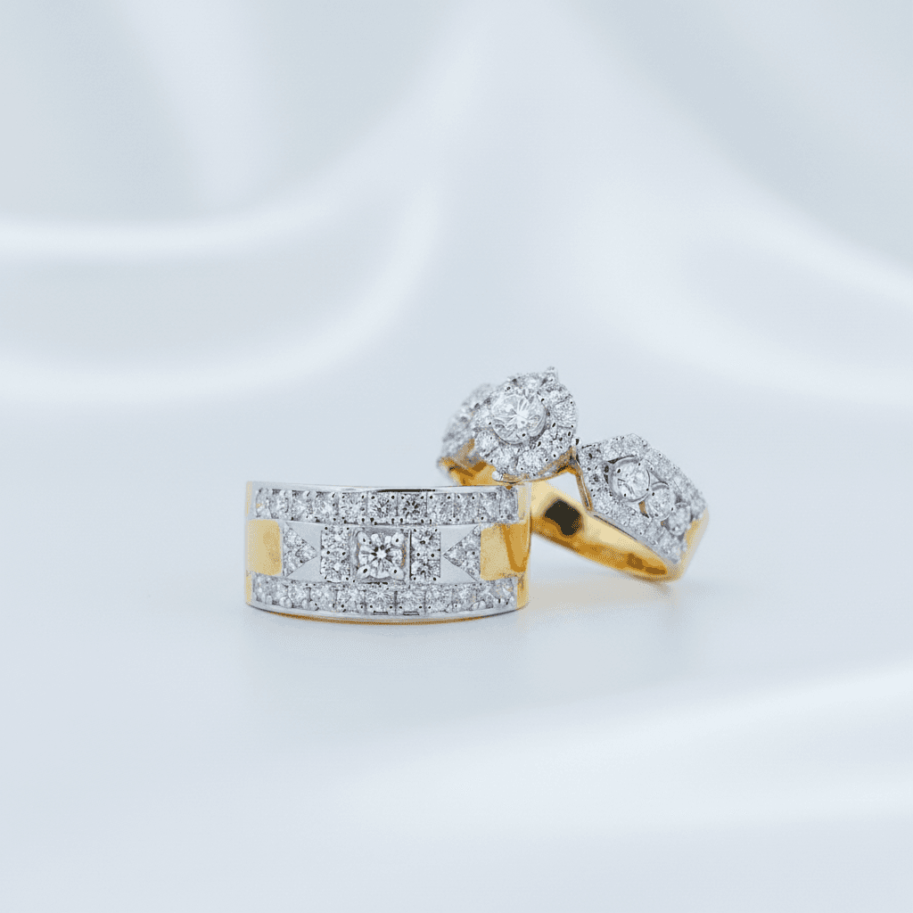 Geometric Pavé Band & Round Halo Diamond Couple Rings — ER046