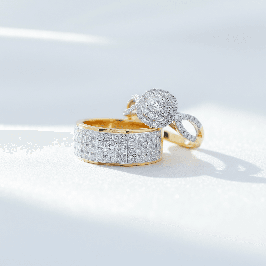 Full Pave Wide Band & Double Halo Diamond Couple Rings — ER051