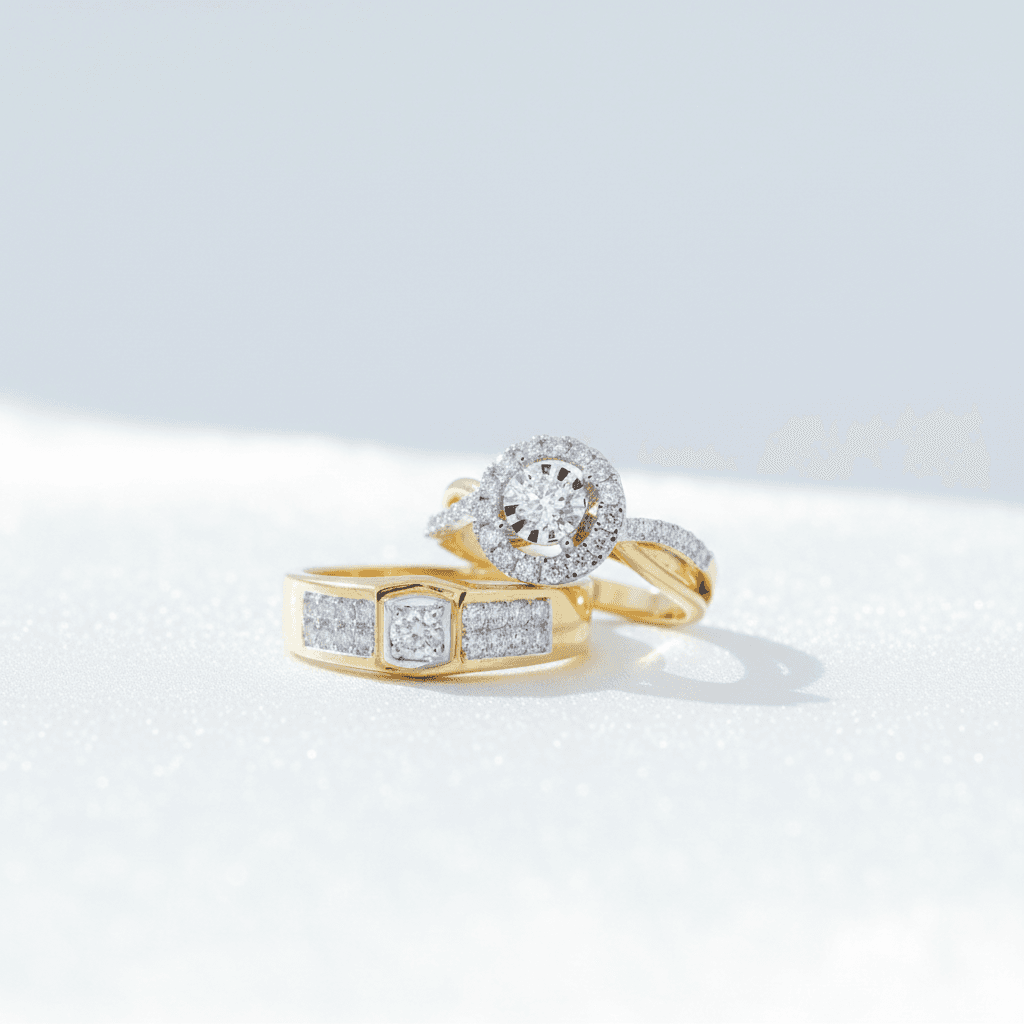 Round Halo Solitaire & Square Diamond Band Couple Rings — ER056