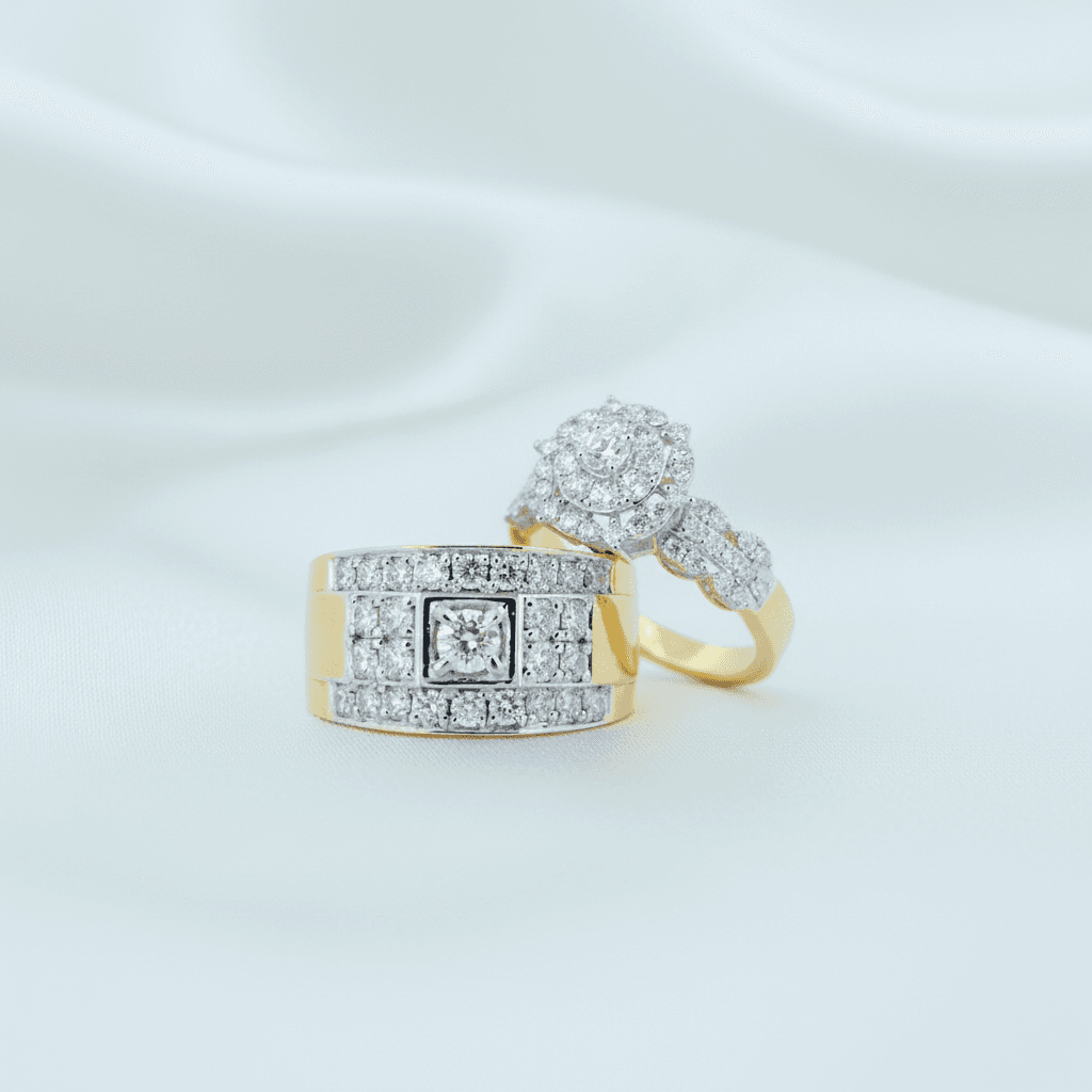 Two-Tone Square Pave Band & Double Halo Diamond Couple Rings — ER058