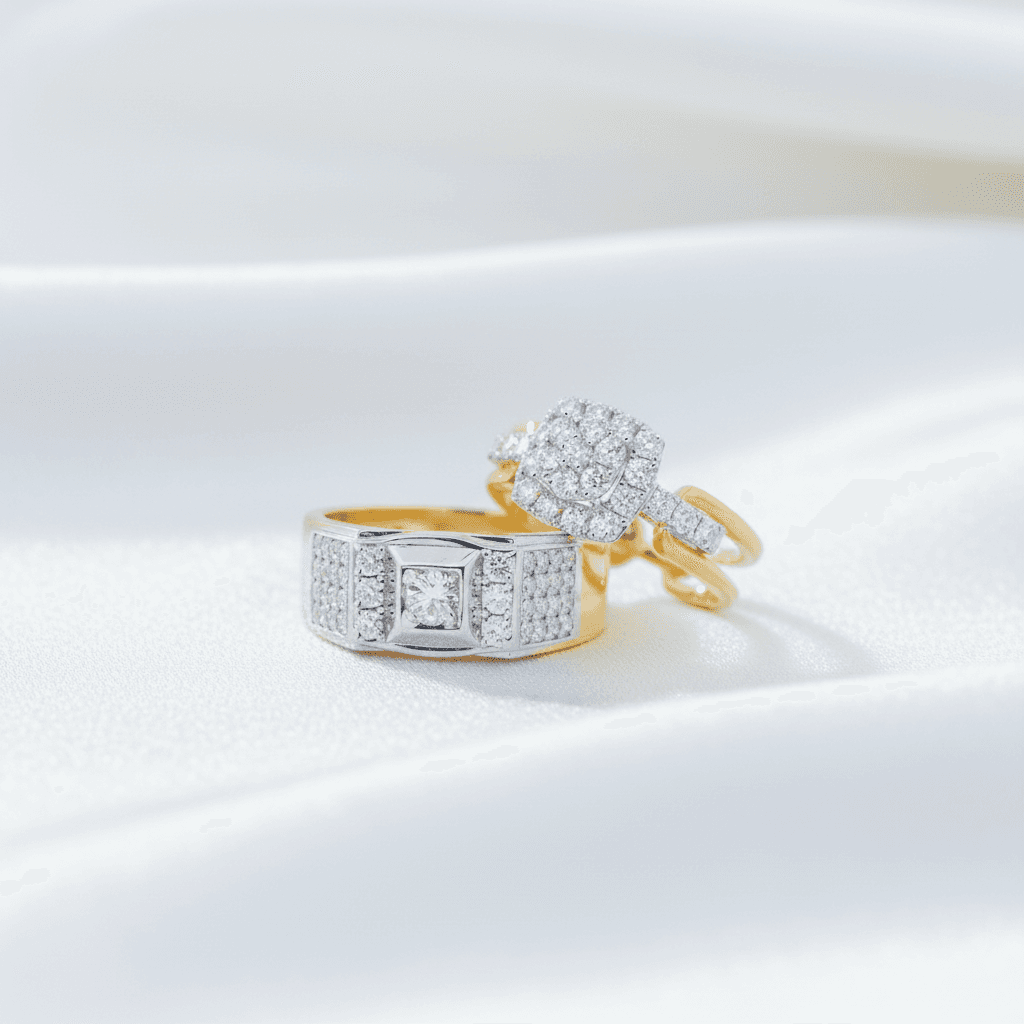 Square Cluster Band & Round Halo Diamond Couple Rings (RF0373 / RM0078) — ER066