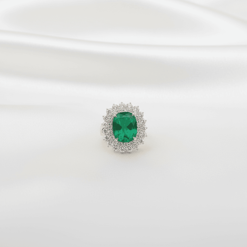 Emerald Double Halo Diamond Ring — RF0589