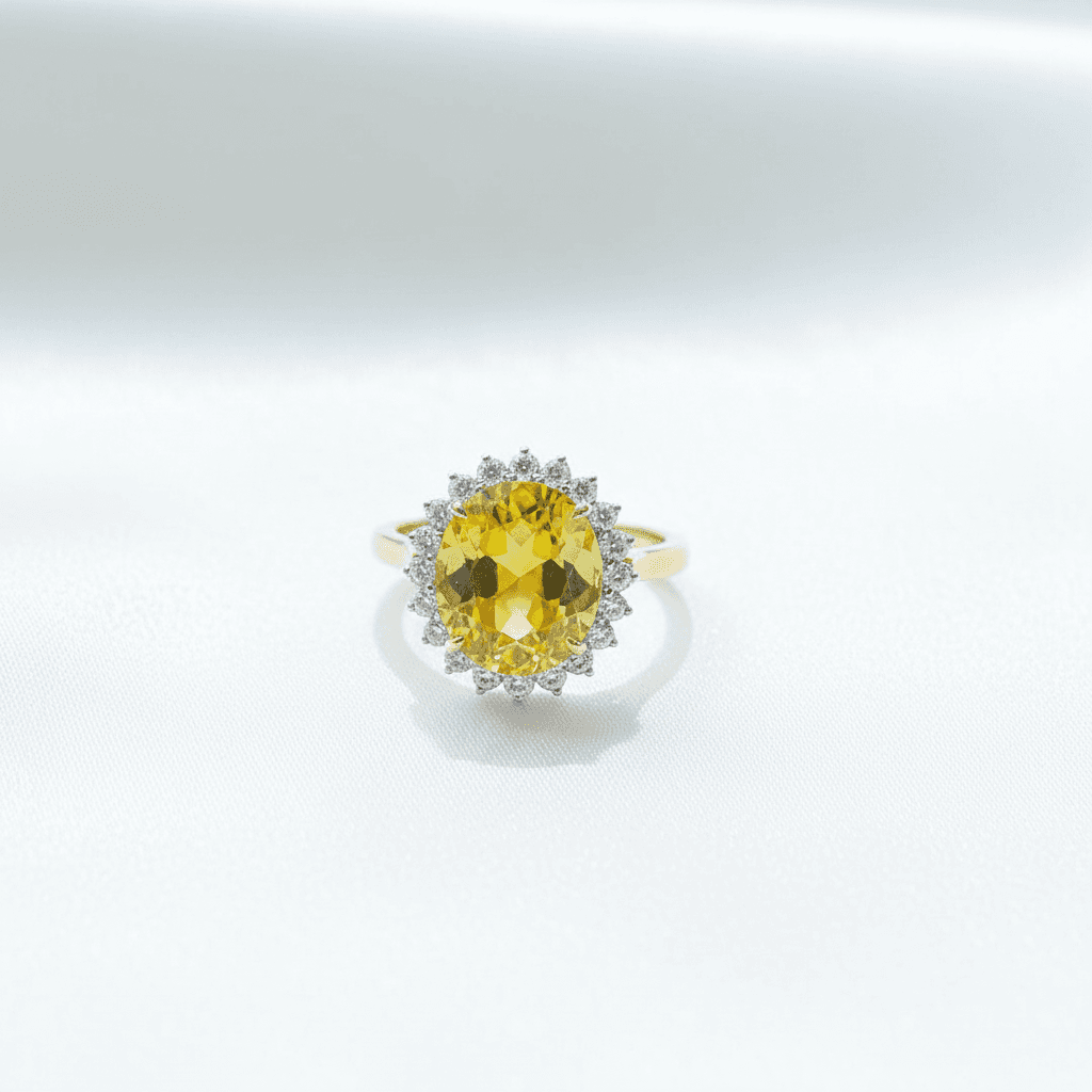 Yellow Sapphire Sunburst Halo Diamond Ring — RF0621