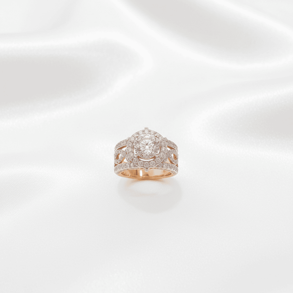Round Halo Celtic Shank Diamond Ring — RF0640