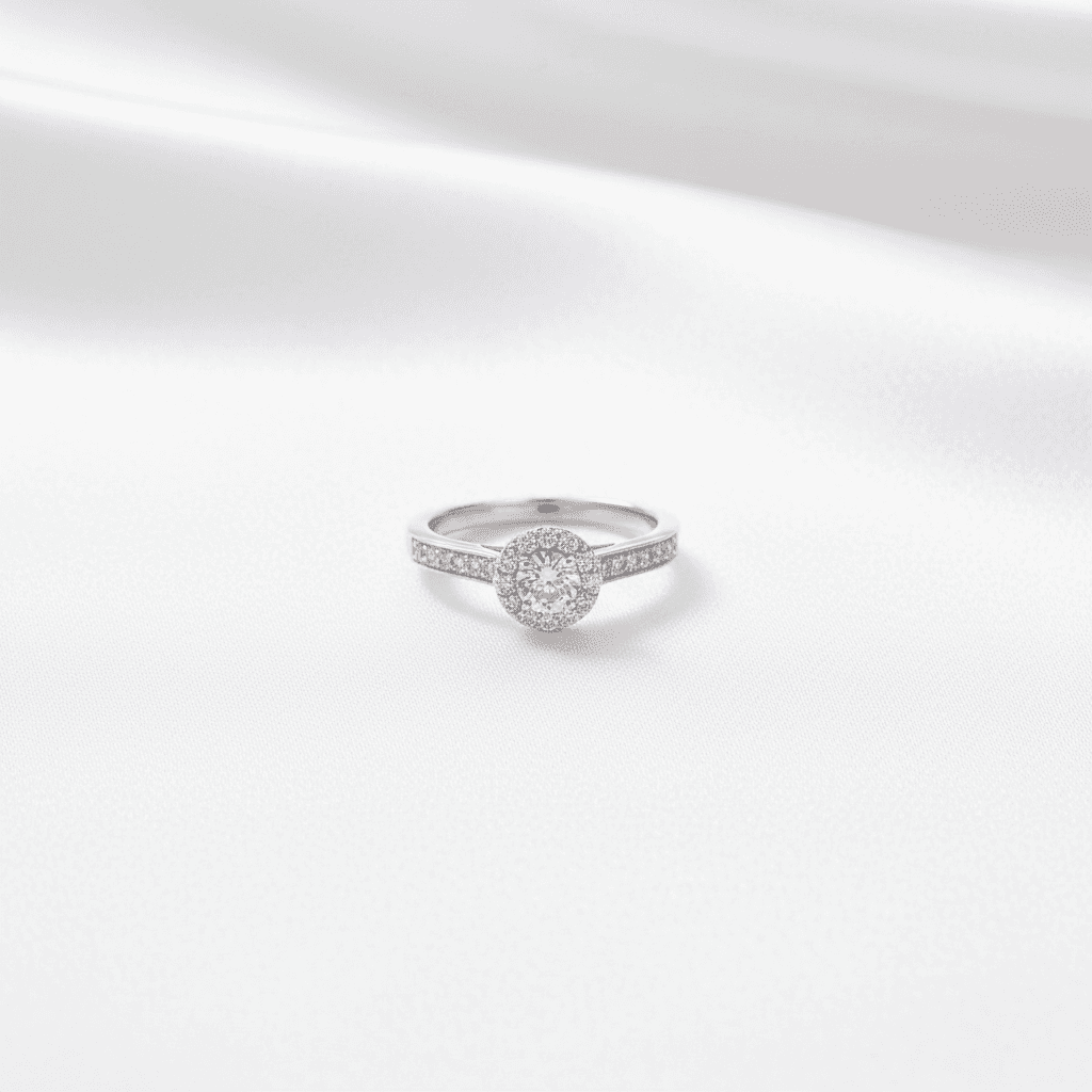 Round Halo Pavé Shank Diamond Ring — RF0643