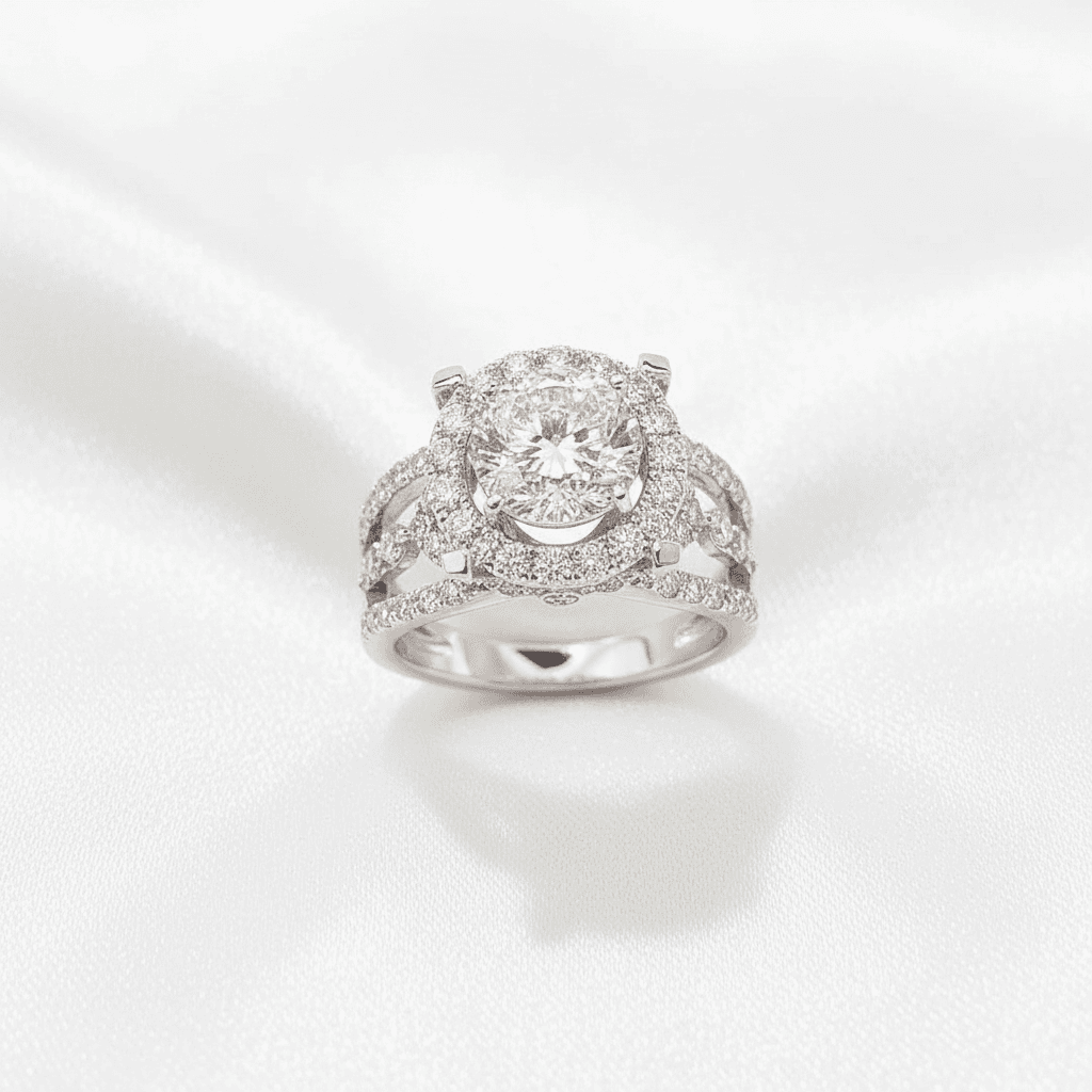 Double Halo Baguette Crown Diamond Ring — RF0650