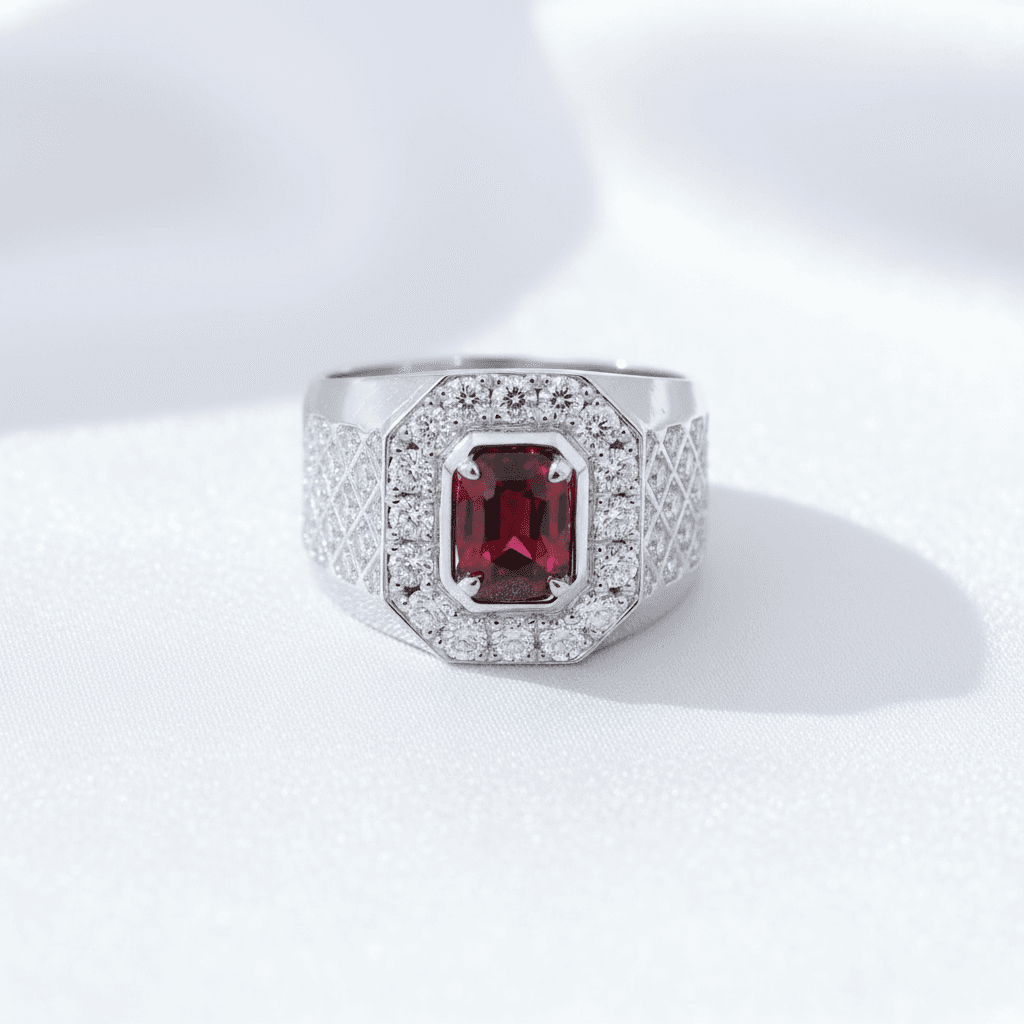 Men's Garnet Octagonal Diamond Ring — RM014