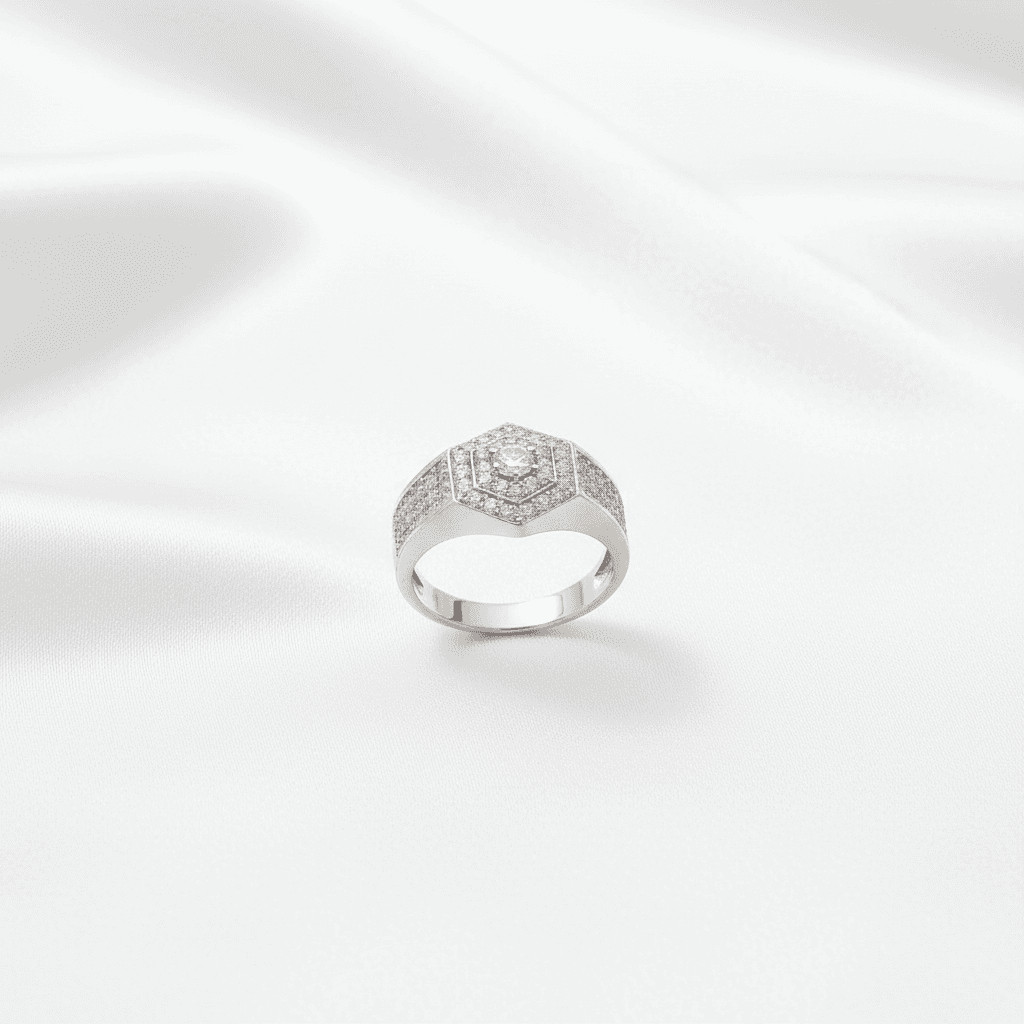 Men's White Gold Hexagonal Diamond Cluster Ring — RM030