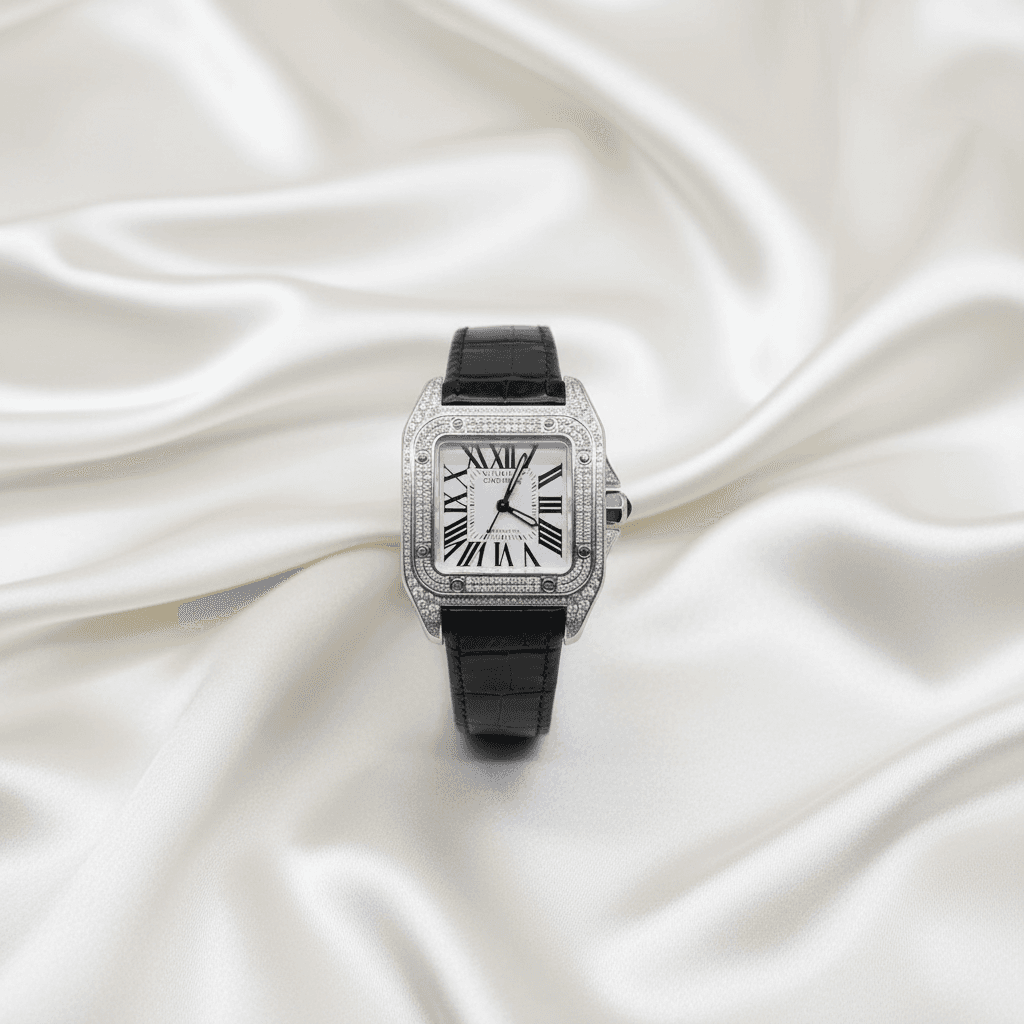 Santos Diamond Bezel Watch with Black Leather Strap — W011