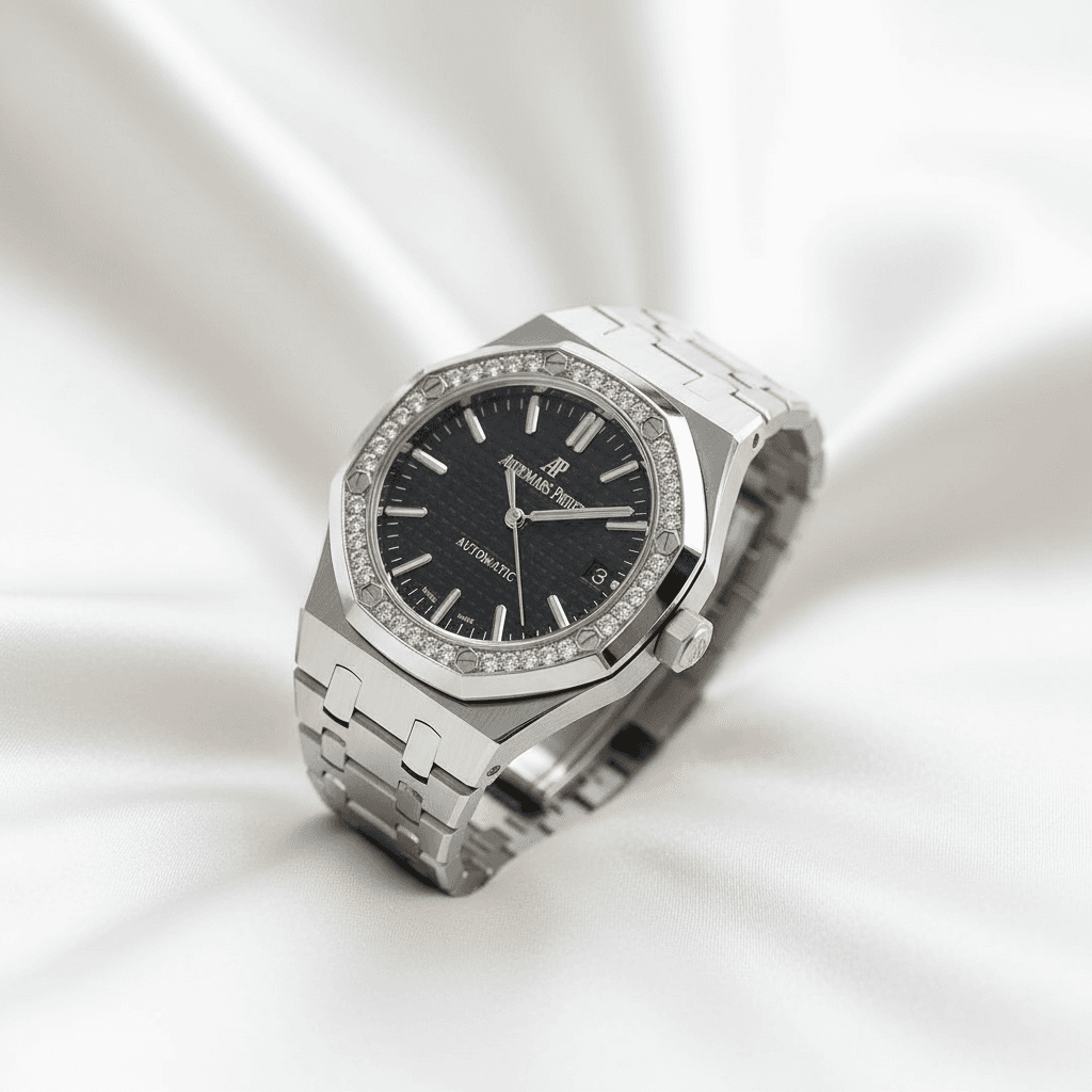 Octagonal Bezel Black Dial Diamond Watch — W024