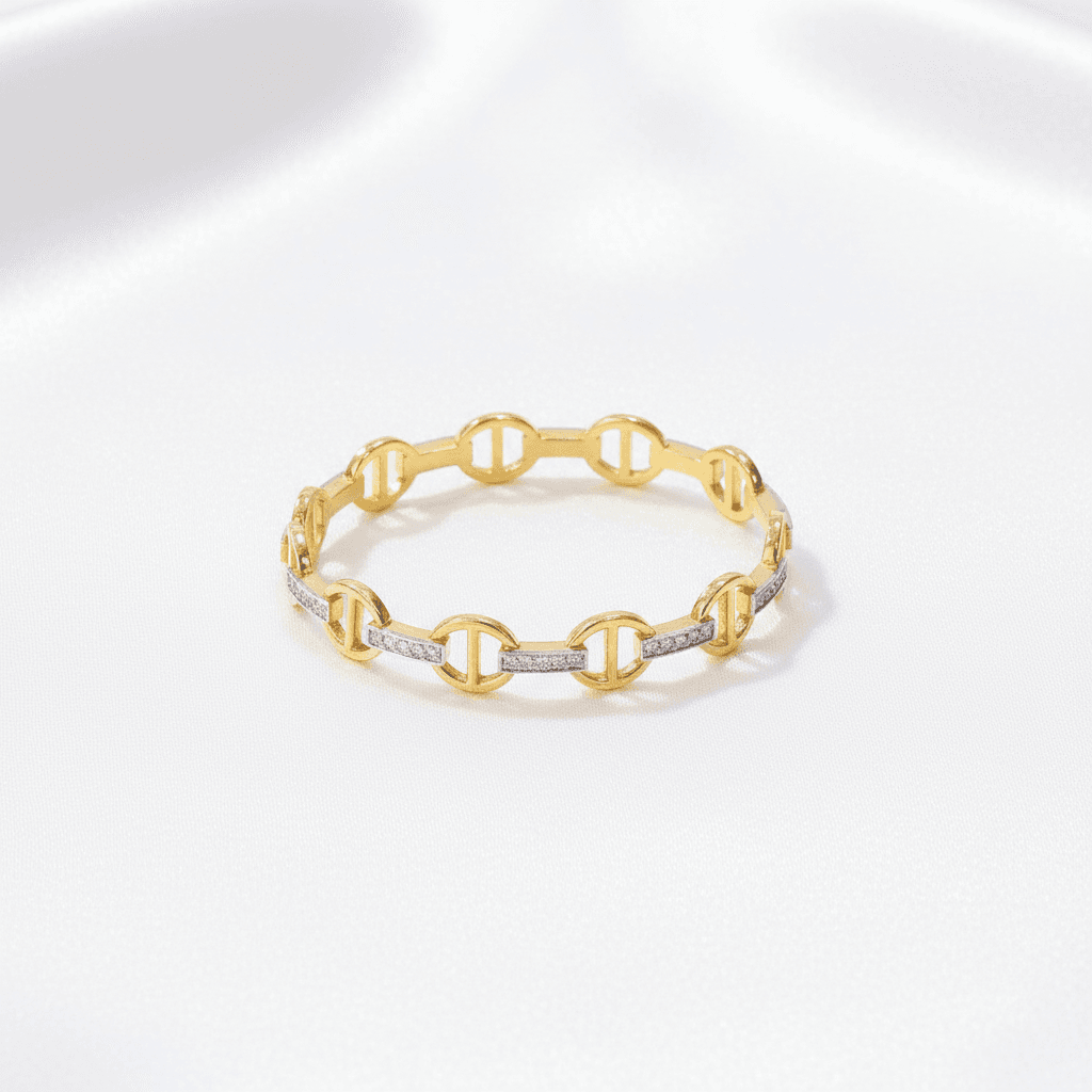 Gold Round Link Diamond Bar Bangle