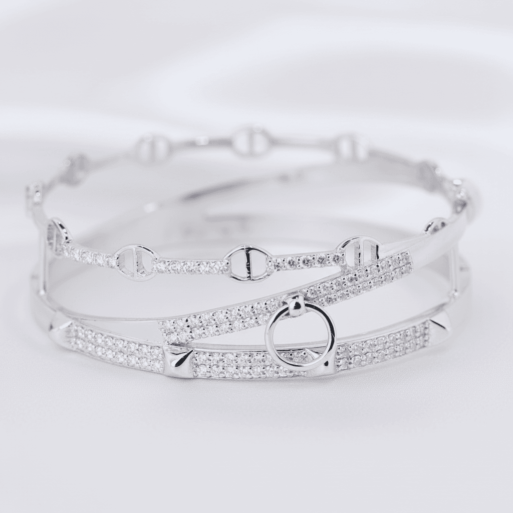 White Gold Chain Link Diamond Bangle Set