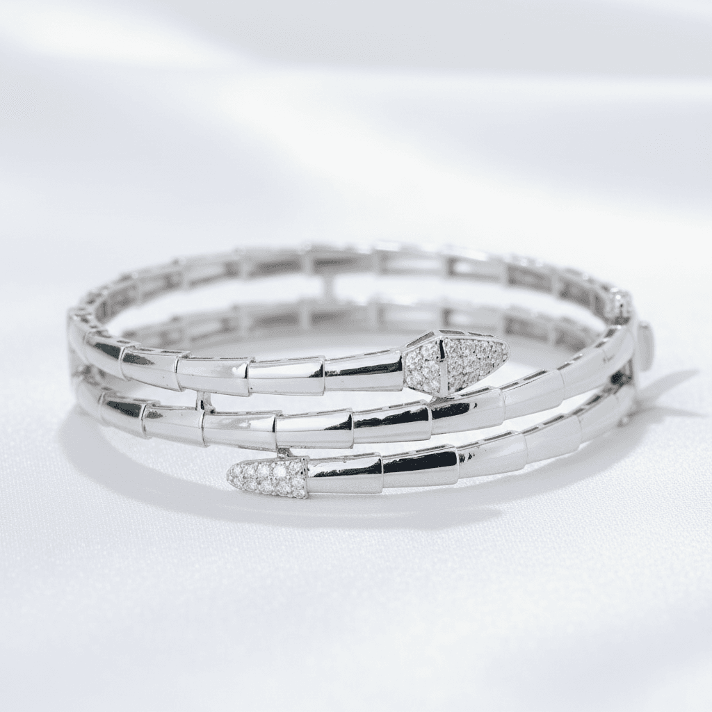White Gold Triple-Coil Snake Diamond Bangle