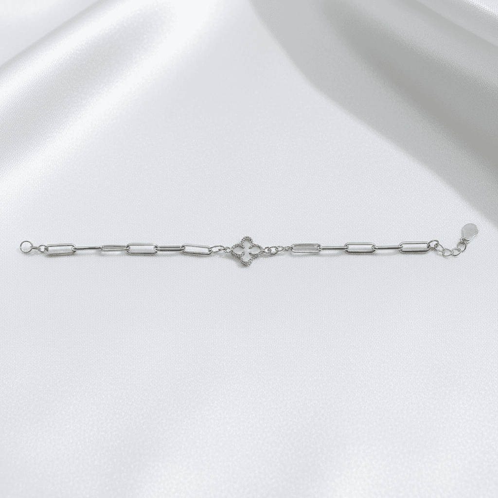 White Gold Clover Paperclip Chain Bracelet