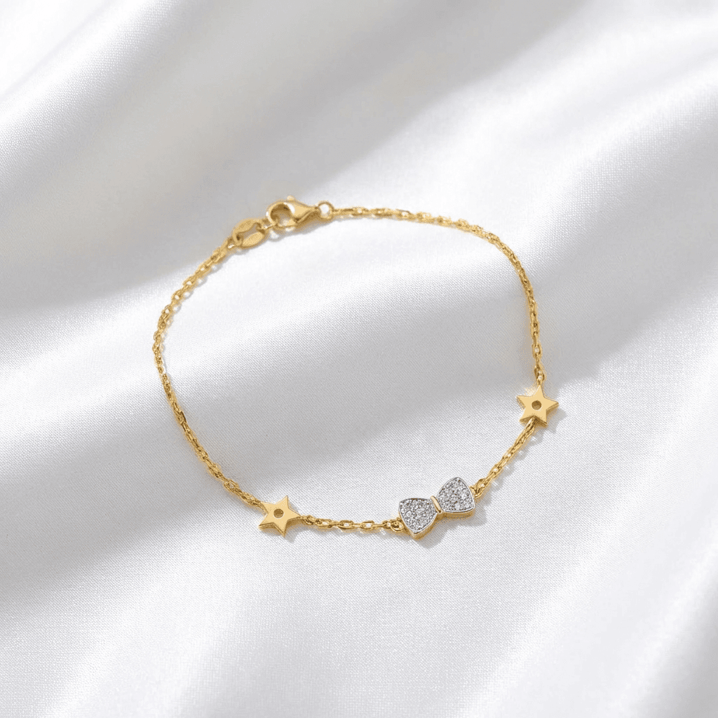 Diamond Bow & Star Gold Chain Bracelet