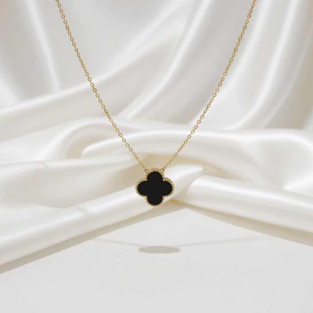 Gold Black Onyx Clover Pendant Chain Necklace