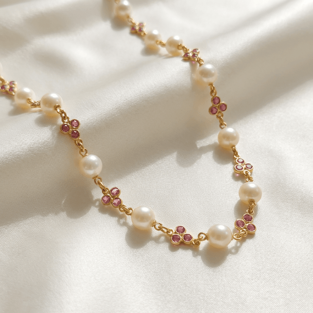 Pearl & Pink Gemstone Gold Chain Necklace