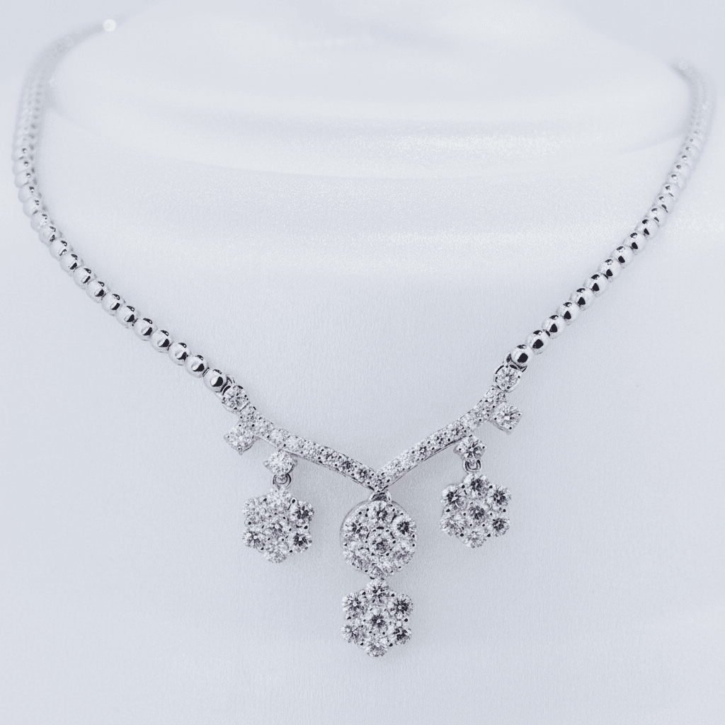 White Gold Bead Chain Diamond Cluster Drop Necklace