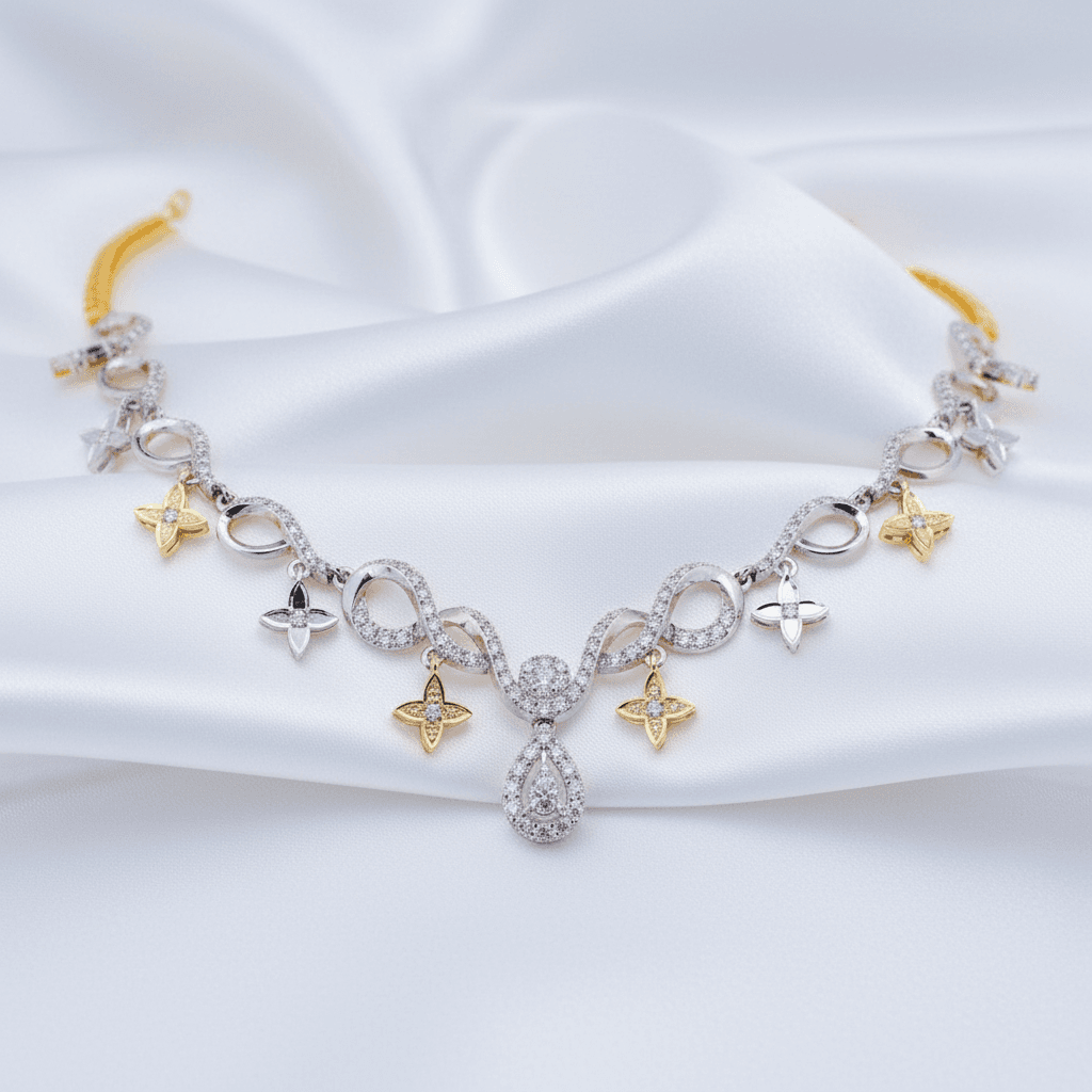 Two-Tone Floral Swirl Diamond Teardrop Necklace