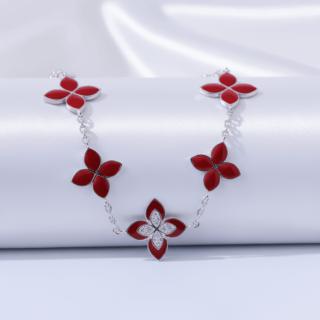White Gold Red Enamel Flower Diamond Station Necklace