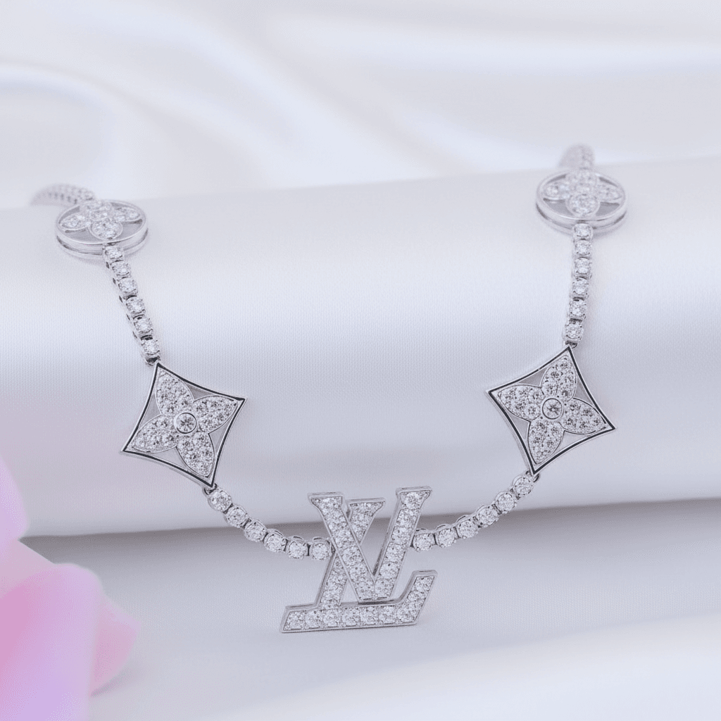 White Gold Diamond Flower Monogram Station Necklace