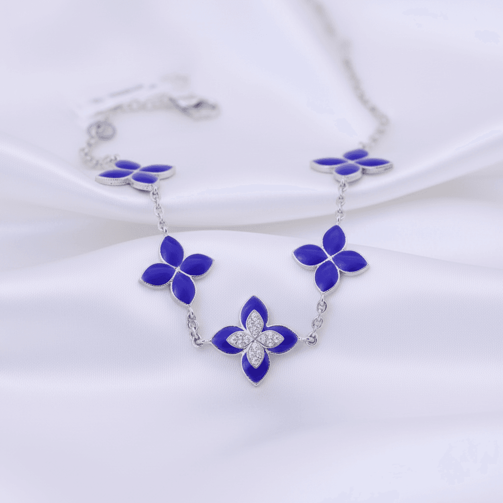 White Gold Blue Enamel Flower Diamond Station Necklace
