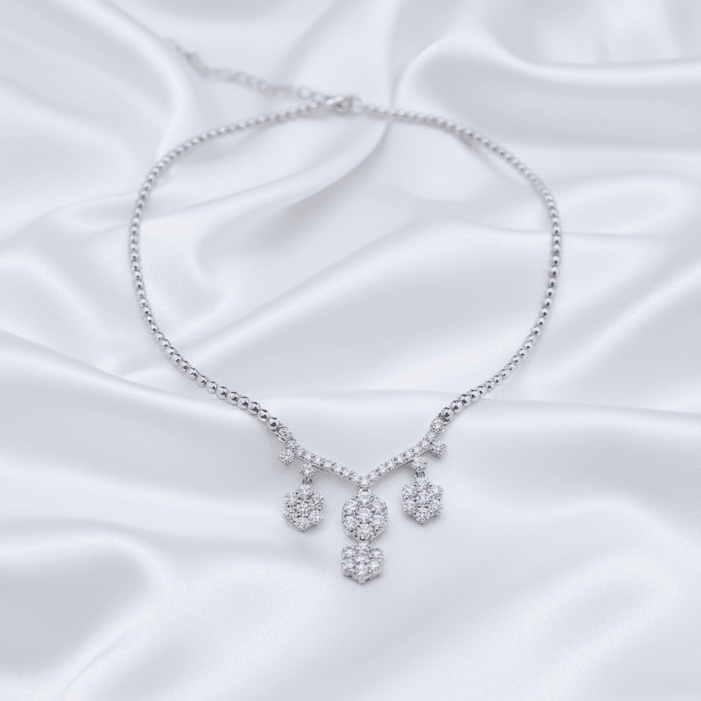 White Gold Bead Chain Diamond Cluster V Drop Necklace