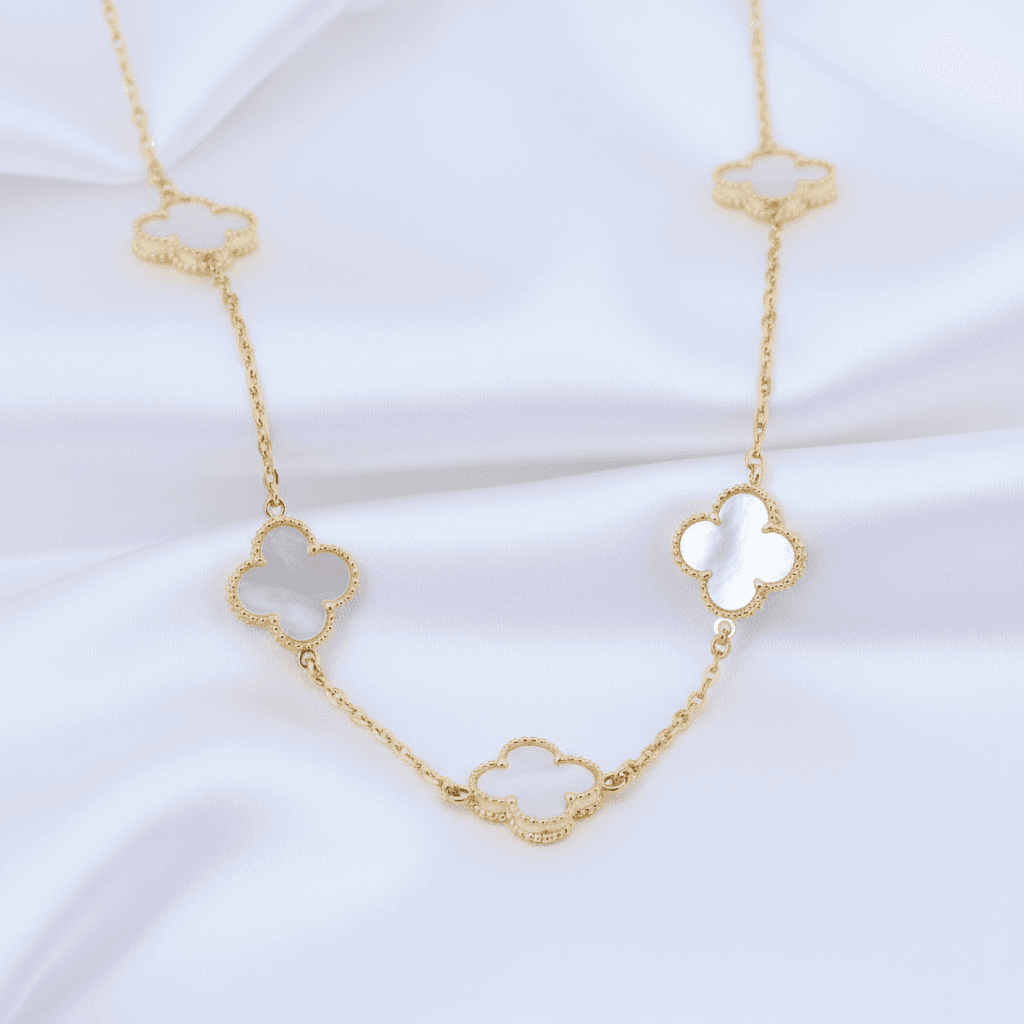 Gold Mother of Pearl Clover Station Necklace
