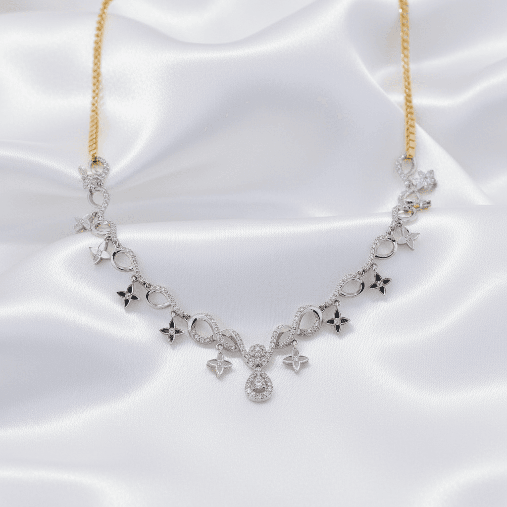 Two-Tone Diamond Flower Teardrop Drop Necklace