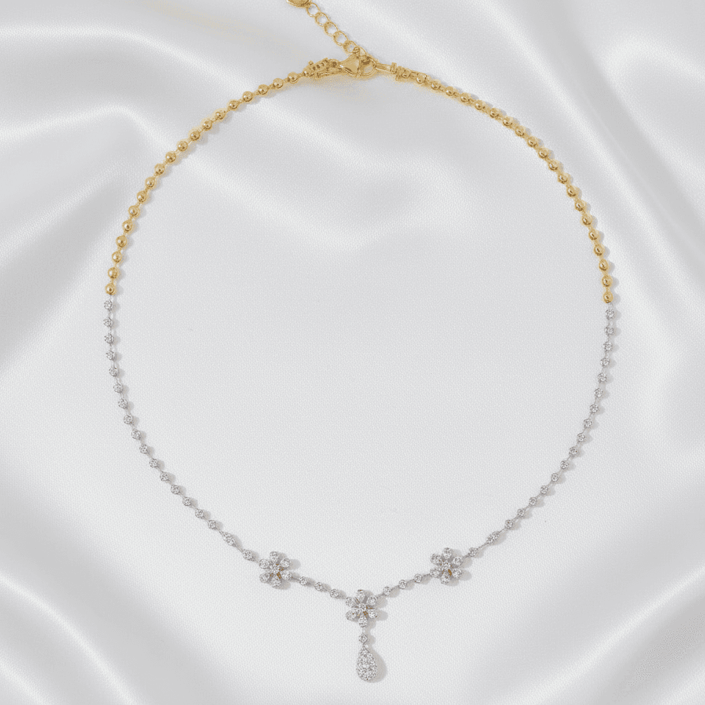 Two-Tone Gold Bead Chain Diamond Flower Teardrop Necklace