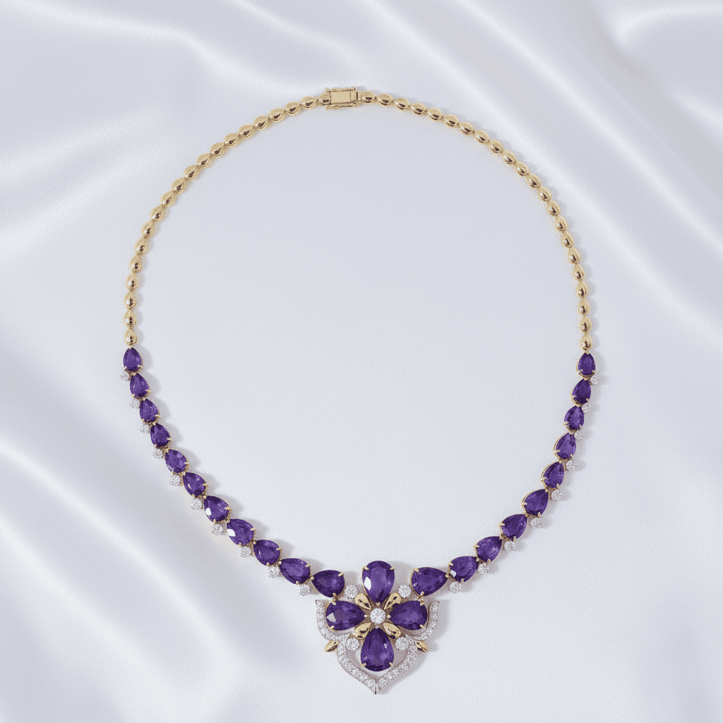 Gold Amethyst Pear Diamond Flower Statement Necklace