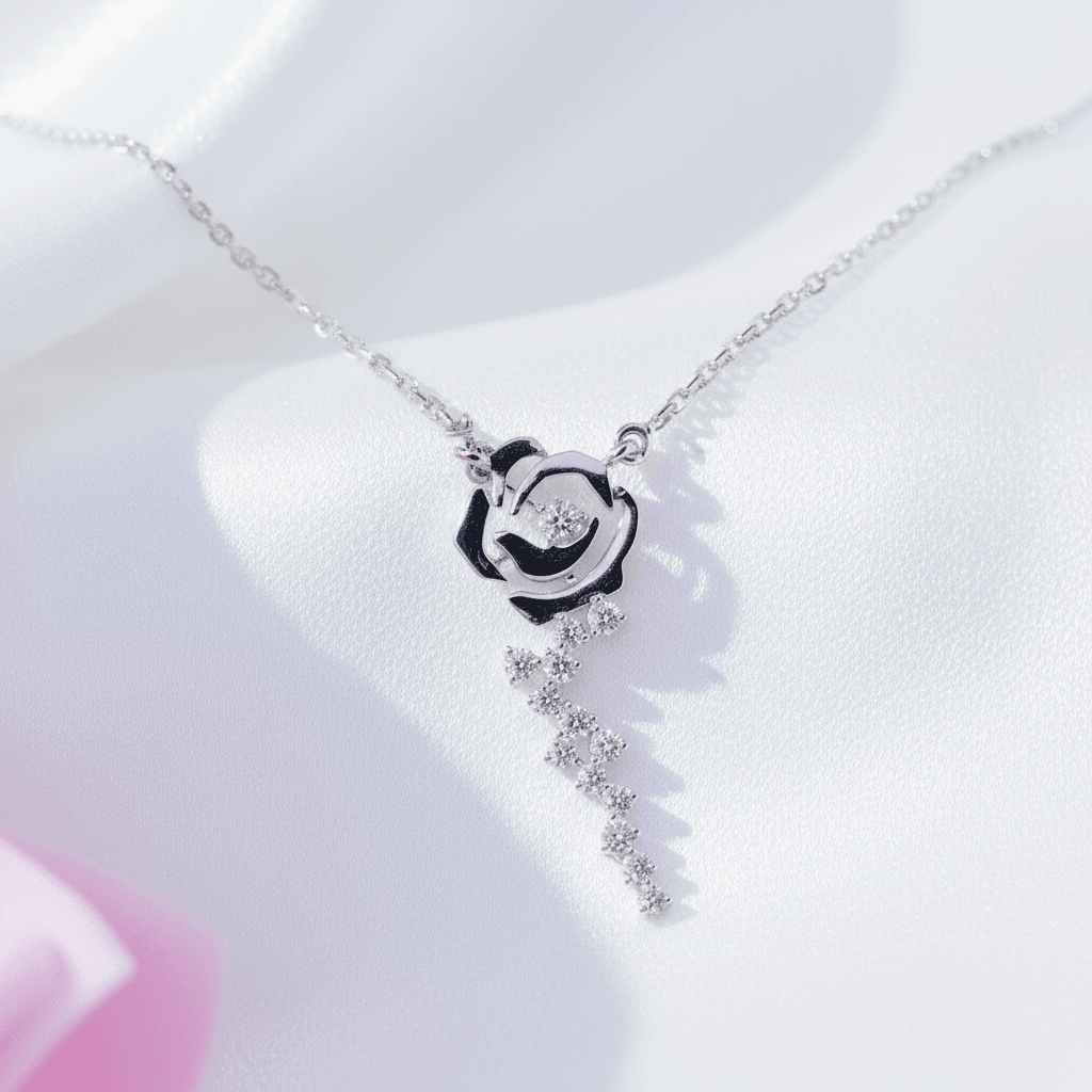 White Gold Rose Flower Diamond Drop Necklace