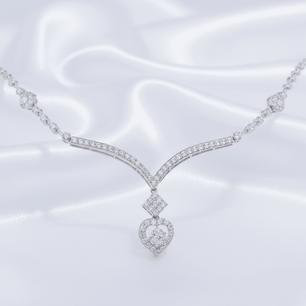 White Gold V Bar Diamond Heart Drop Necklace