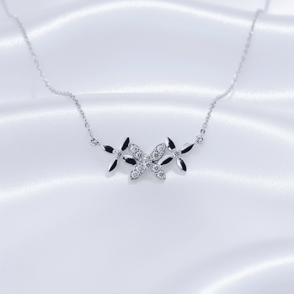 White Gold Triple Flower Diamond Cluster Necklace