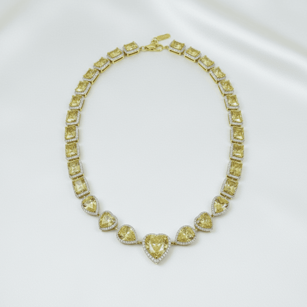Yellow Diamond Heart Halo Tennis Necklace