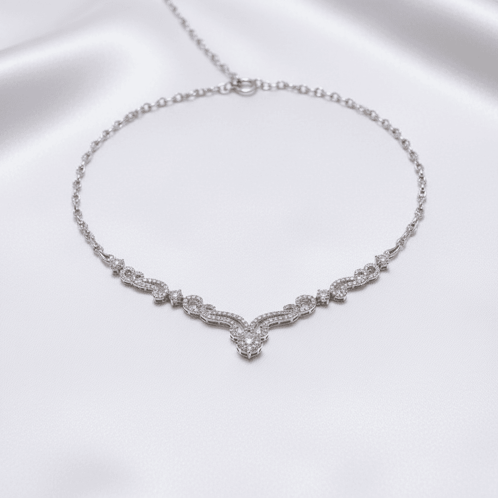 White Gold Diamond Wave Scroll Necklace