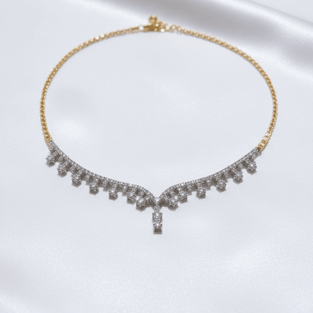 White Gold Diamond Flower Drop Choker Necklace
