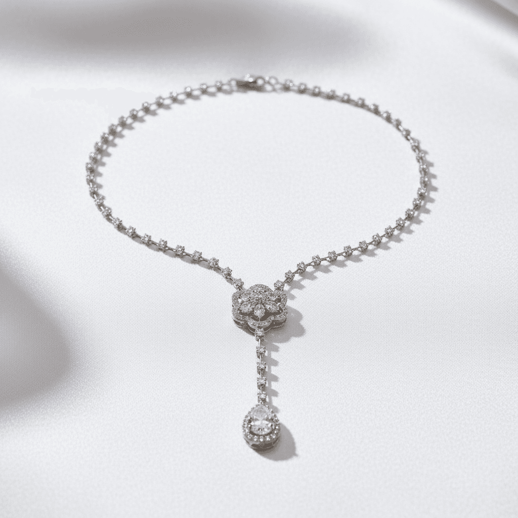 White Gold Flower Lariat Diamond Drop Necklace