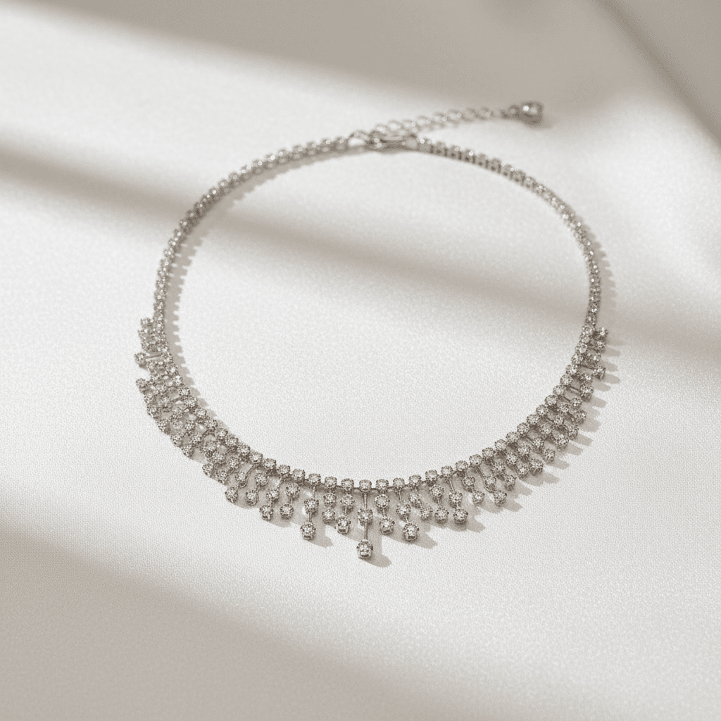 White Gold Diamond Fringe Drop Choker Necklace
