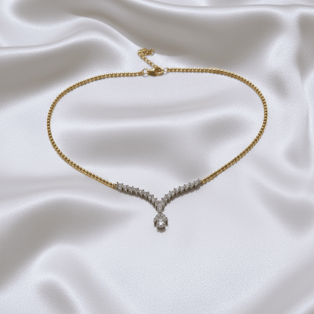 Two-Tone Gold Ball Chain Diamond V-Drop Teardrop Necklace