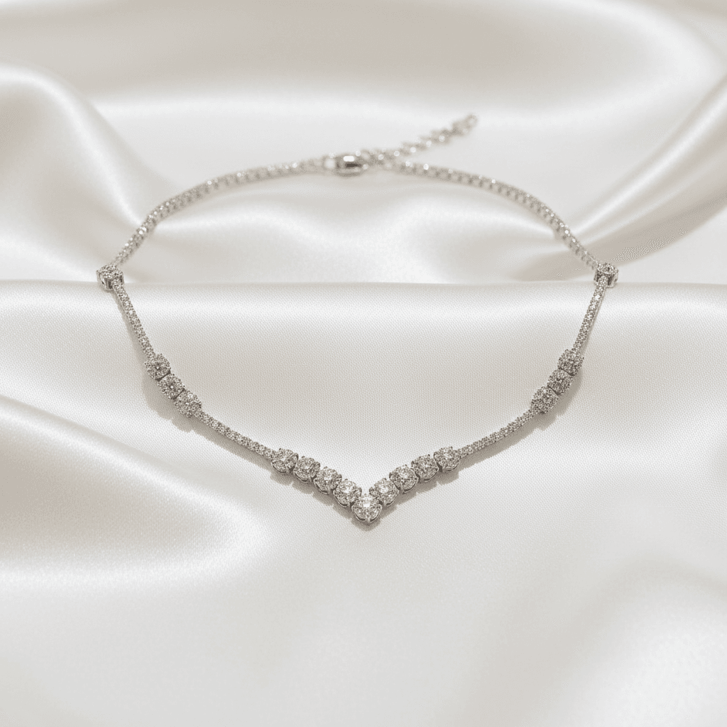White Gold Diamond Cluster V-Shape Necklace