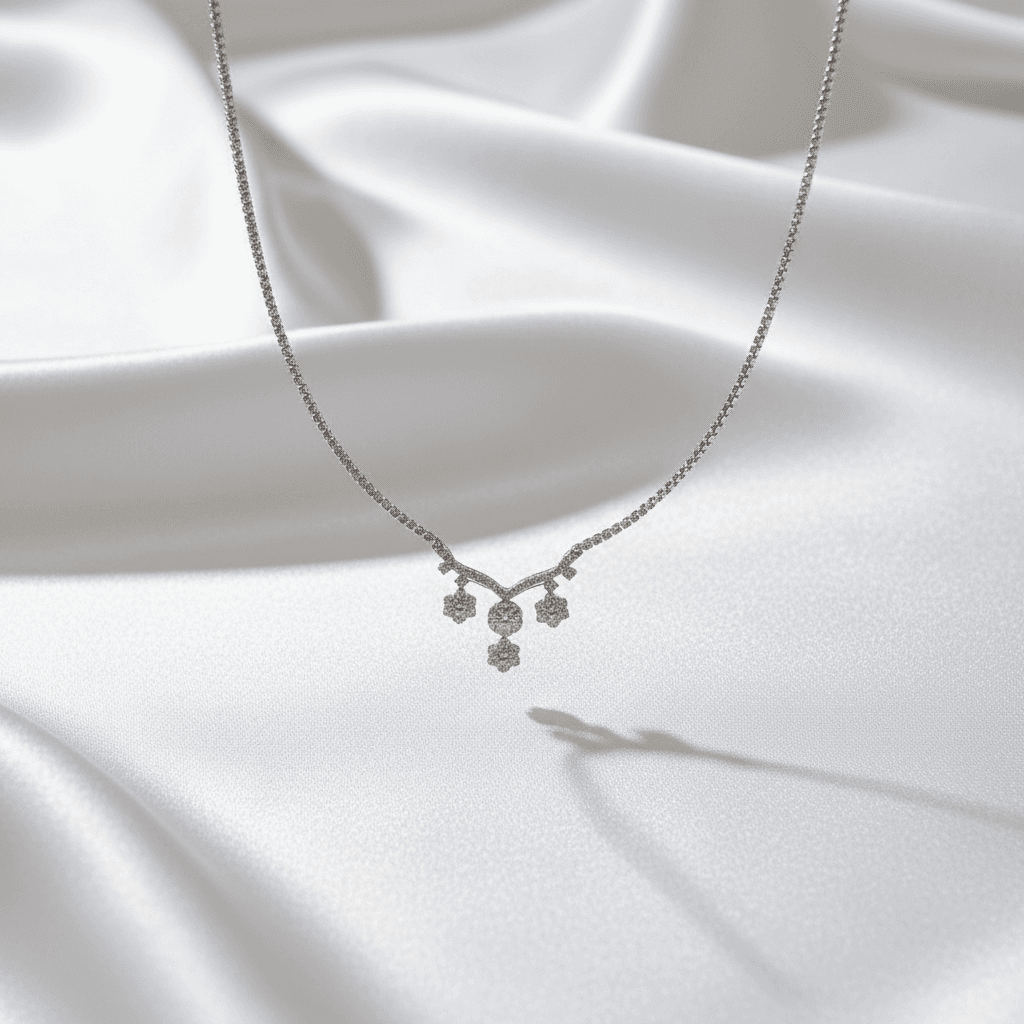White Gold Flower Cluster Triple Drop Diamond Necklace