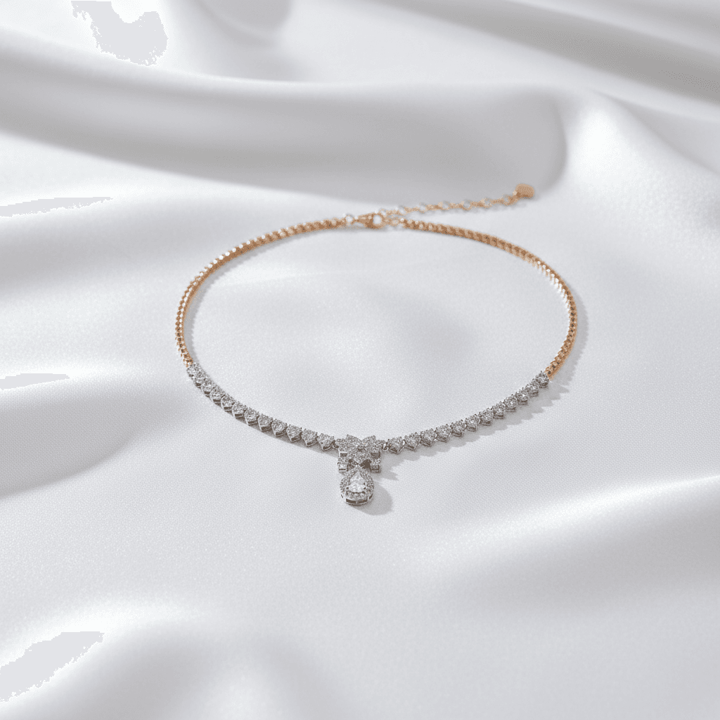 Two-Tone Gold V-Drop Diamond Teardrop Pendant Necklace