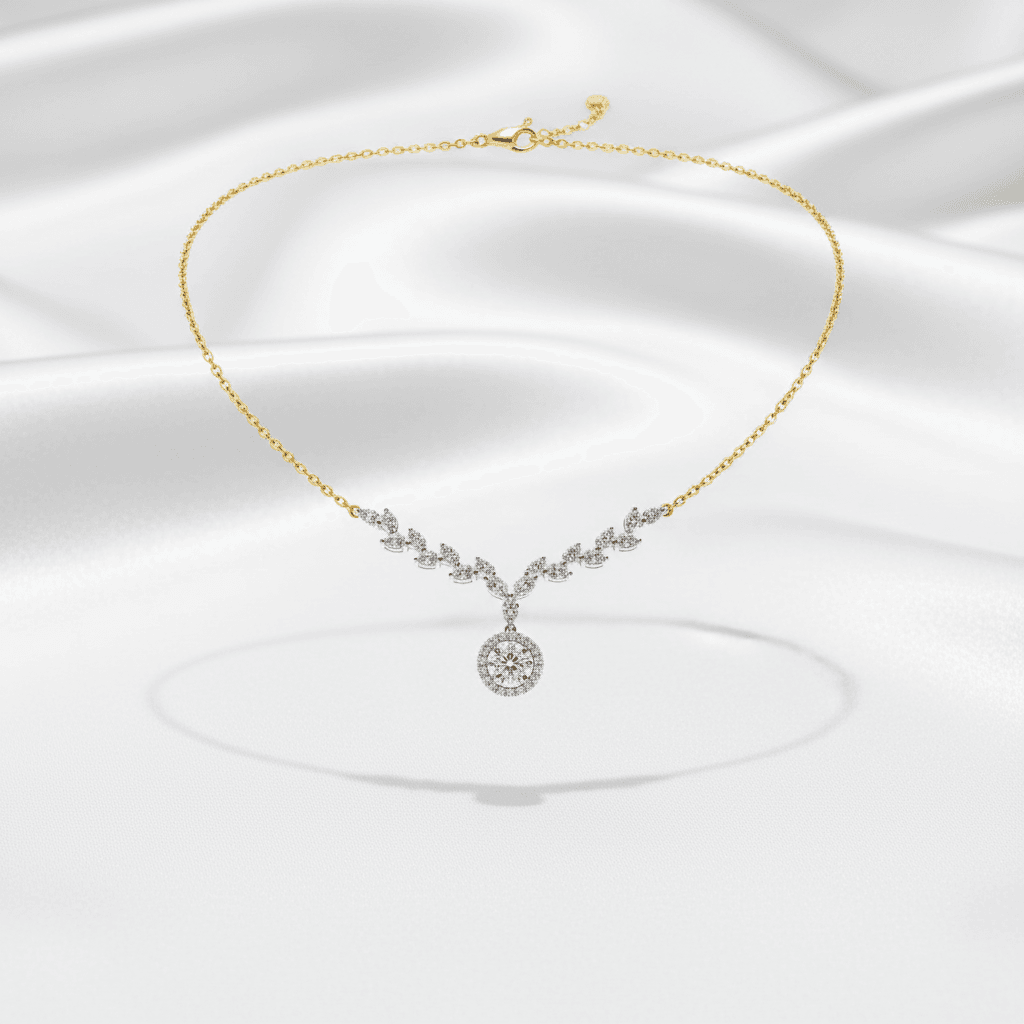 Gold V-Shape Diamond Halo Pendant Necklace
