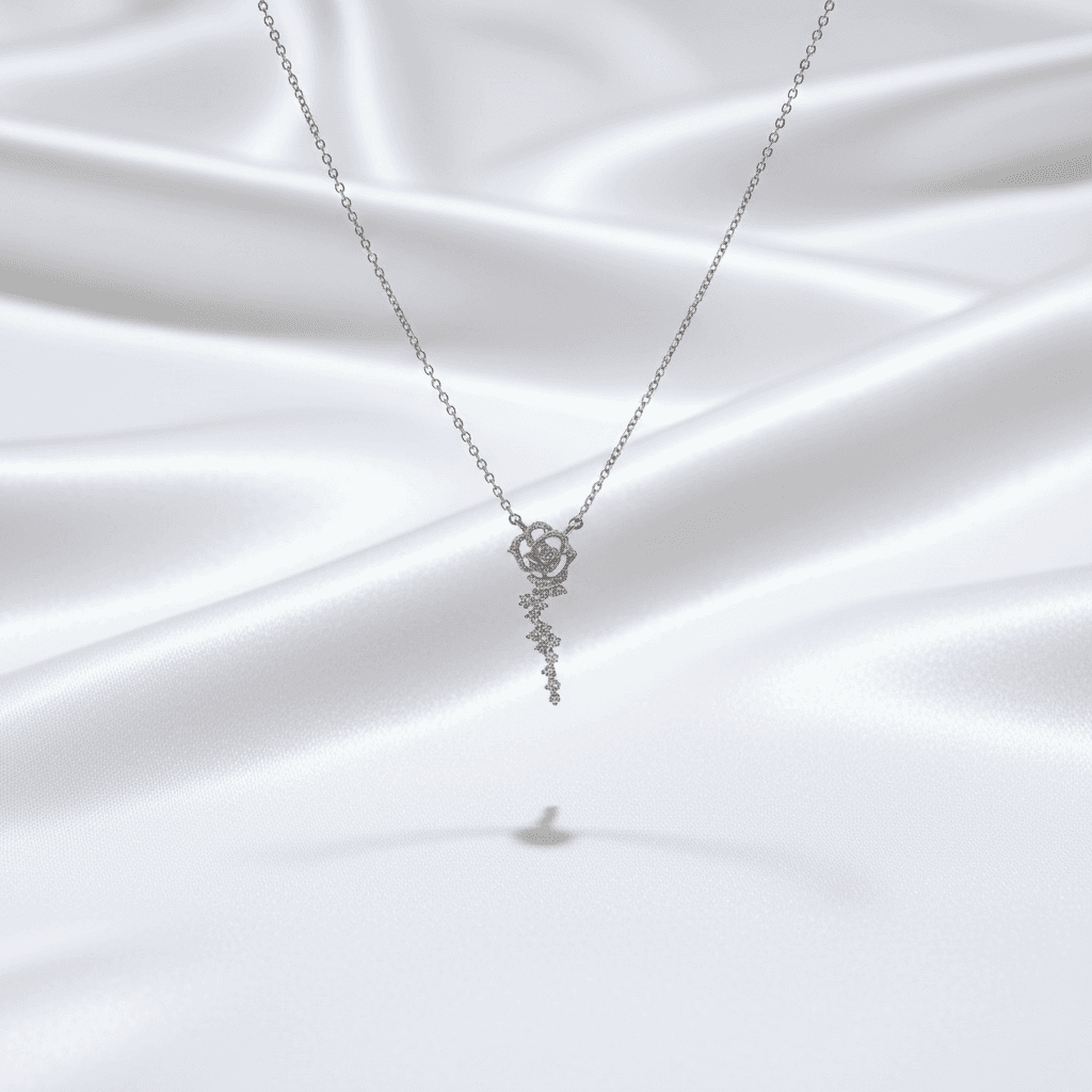 White Gold Rose Diamond Drop Pendant Necklace