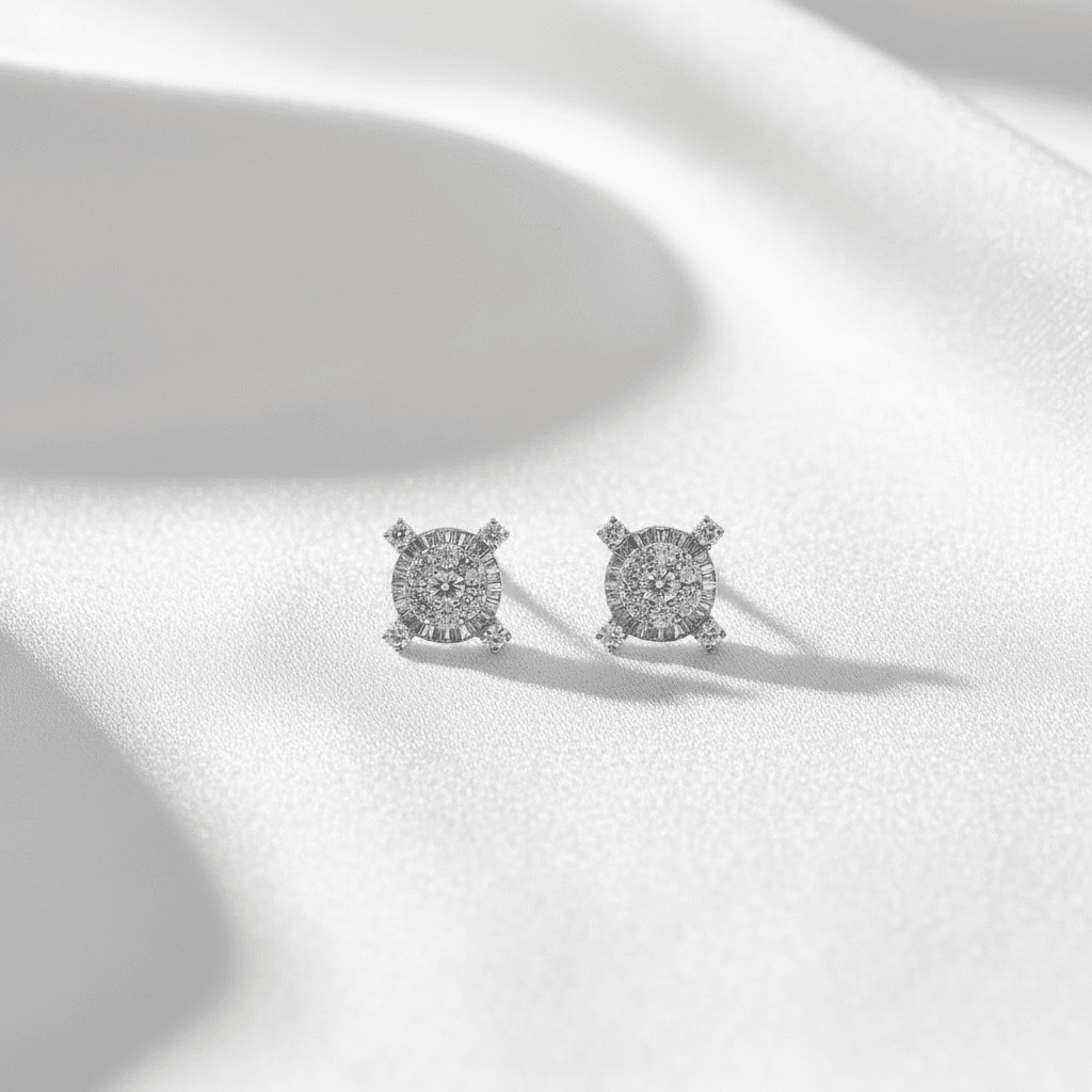 Baguette Halo Diamond Stud Earrings