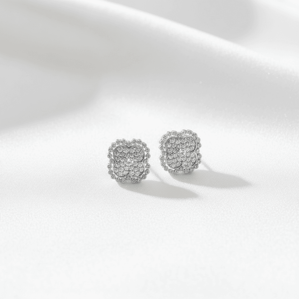 Clover Flower Halo Diamond Stud Earrings