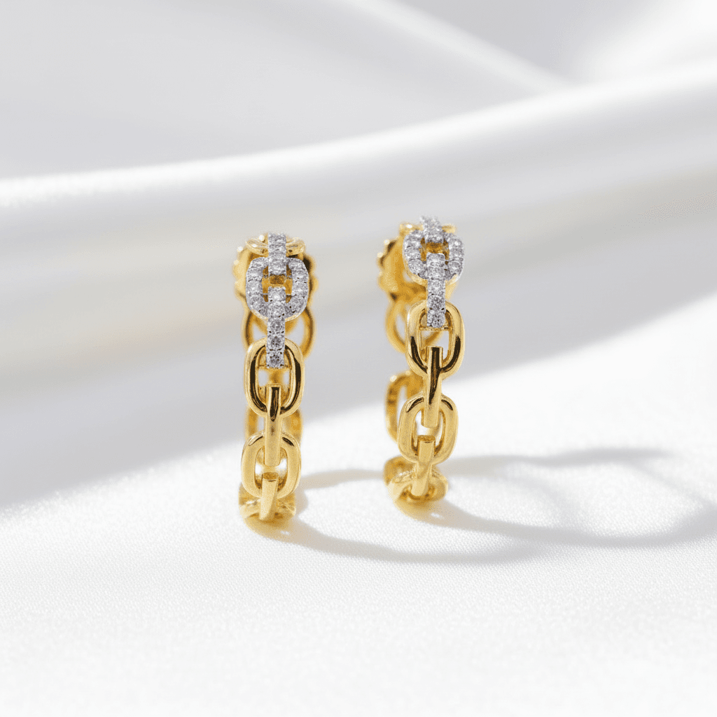 Gold Chain Link Diamond Hoop Earrings